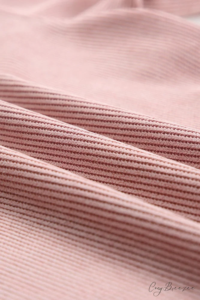 Knit Neck Pullover Ribbed Pink Round Sweatshirt