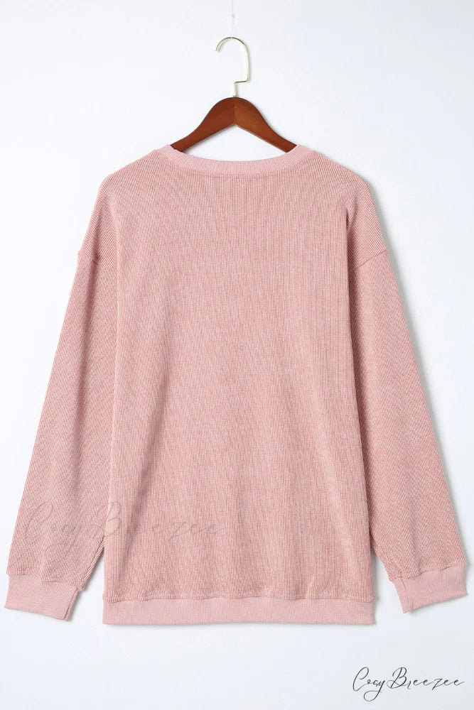 Knit Neck Pullover Ribbed Pink Round Sweatshirt