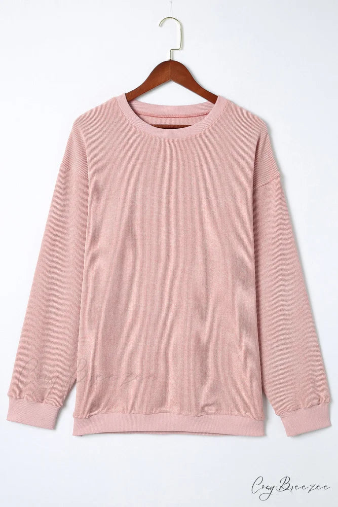 Knit Neck Pullover Ribbed Pink Round Sweatshirt