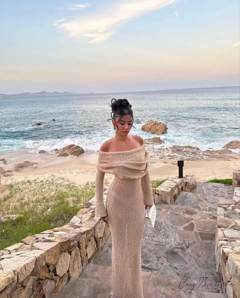 Knit Off-Shoulder Long Charming Sleeve Maxi Dress