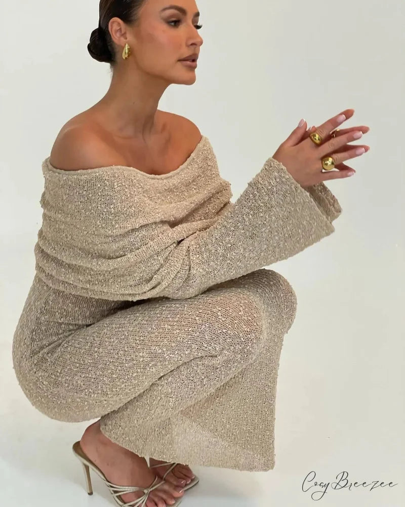 Knit Off-Shoulder Long Charming Sleeve Maxi Dress
