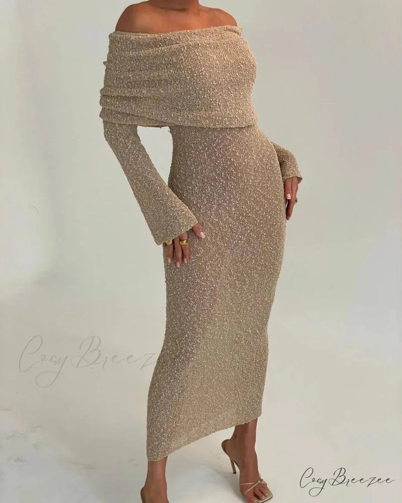 Knit Off-Shoulder Long Charming Sleeve Maxi Dress