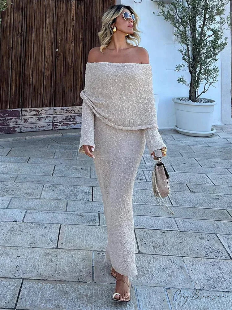 Knit Off-Shoulder Long Charming Sleeve Maxi Dress Khaki / L
