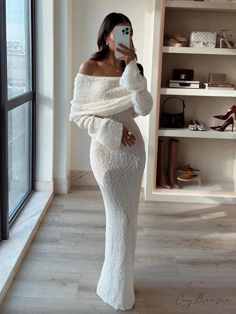 Knit Off-Shoulder Long Charming Sleeve Maxi Dress WHITE / L