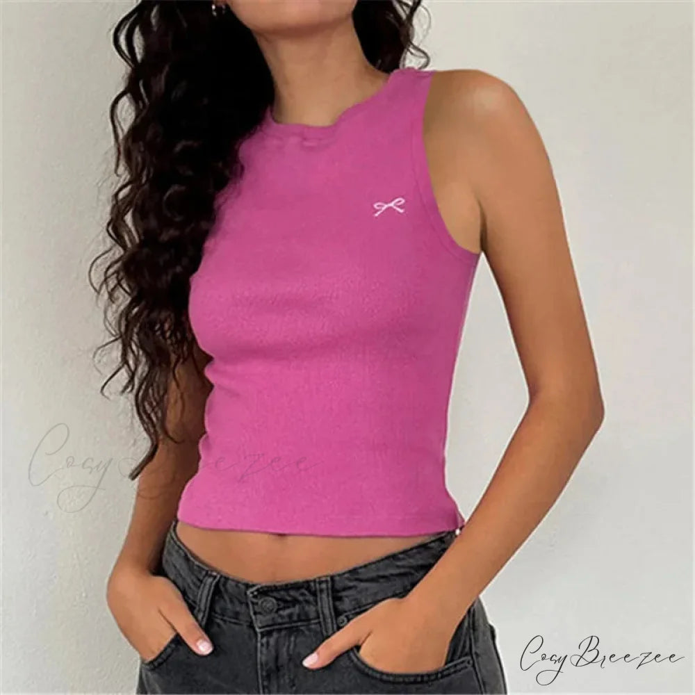 Knit Ribbon Embroidered Crop Top pink / S croptop-250223