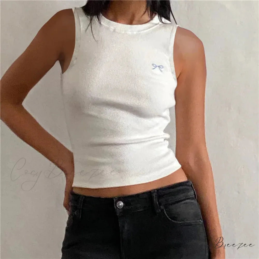 Knit Ribbon Embroidered Crop Top white 2 / S croptop-250223