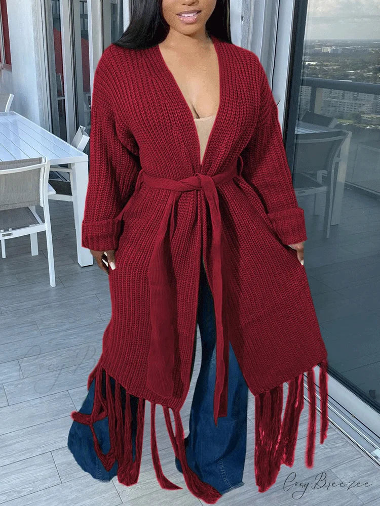 Knit Slit Graceful Turtleneck Sweaters Wine Red / S