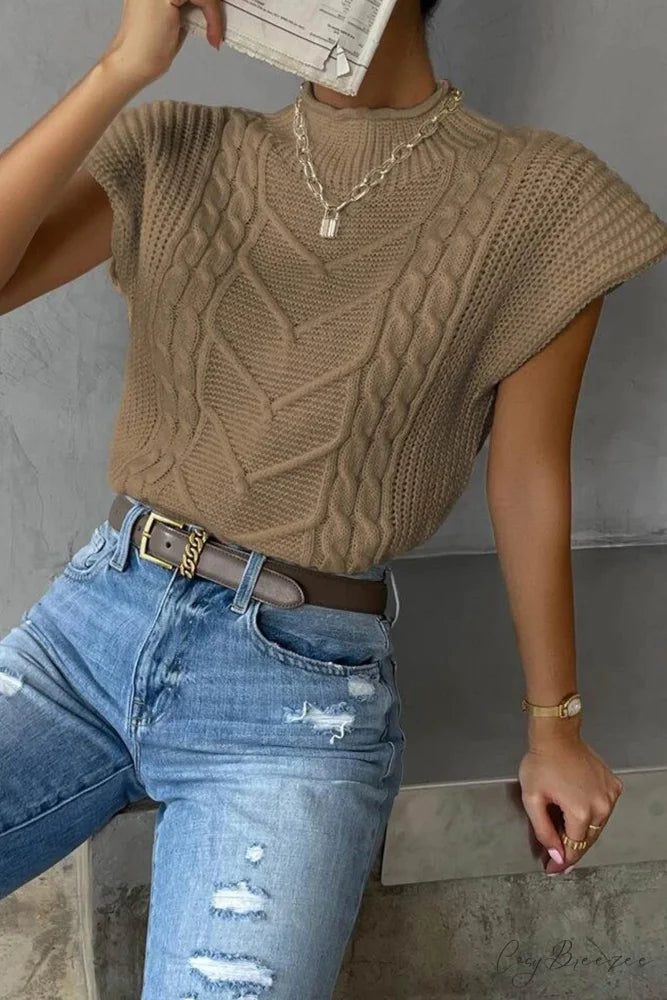Knit Sweater Turtleneck Cable Vest Khaki / L