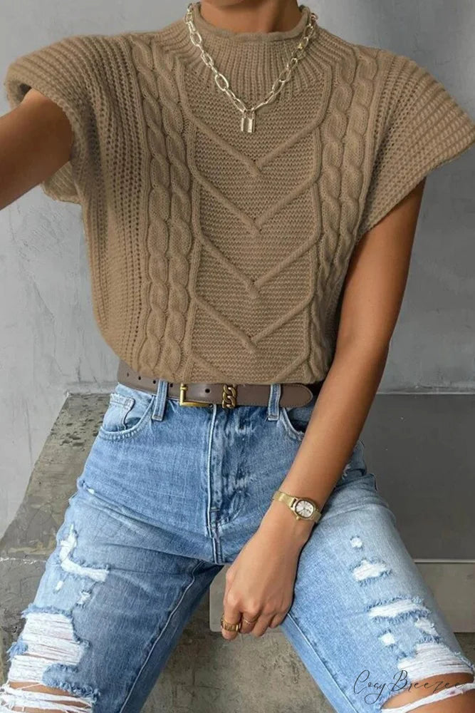 Knit Sweater Turtleneck Cable Vest Khaki / M
