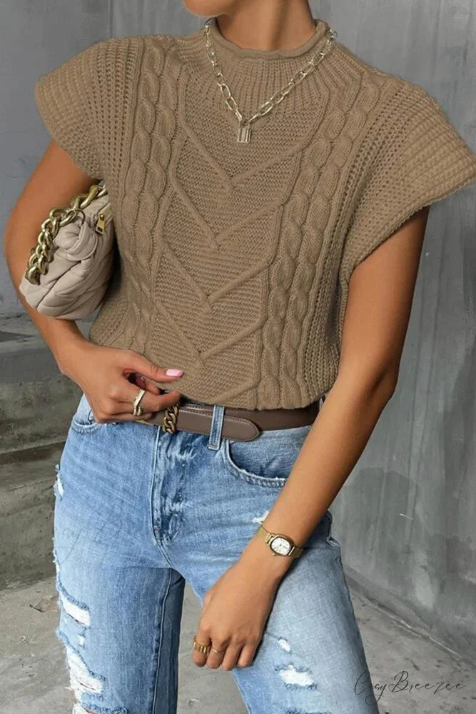 Knit Sweater Turtleneck Cable Vest Khaki / S