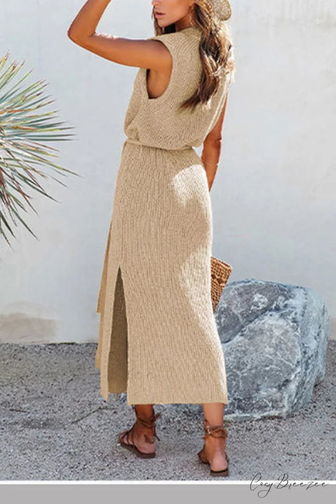 Knit Tank Dress with Tie-waist Slit Khaki / M