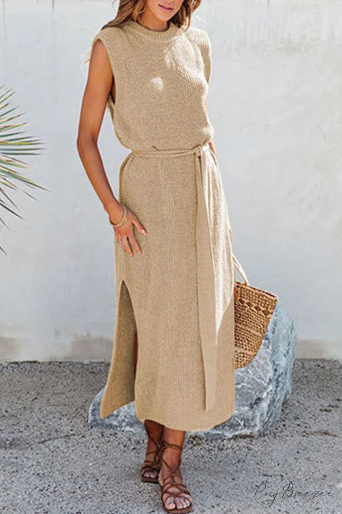 Knit Tank Dress with Tie-waist Slit Khaki / S