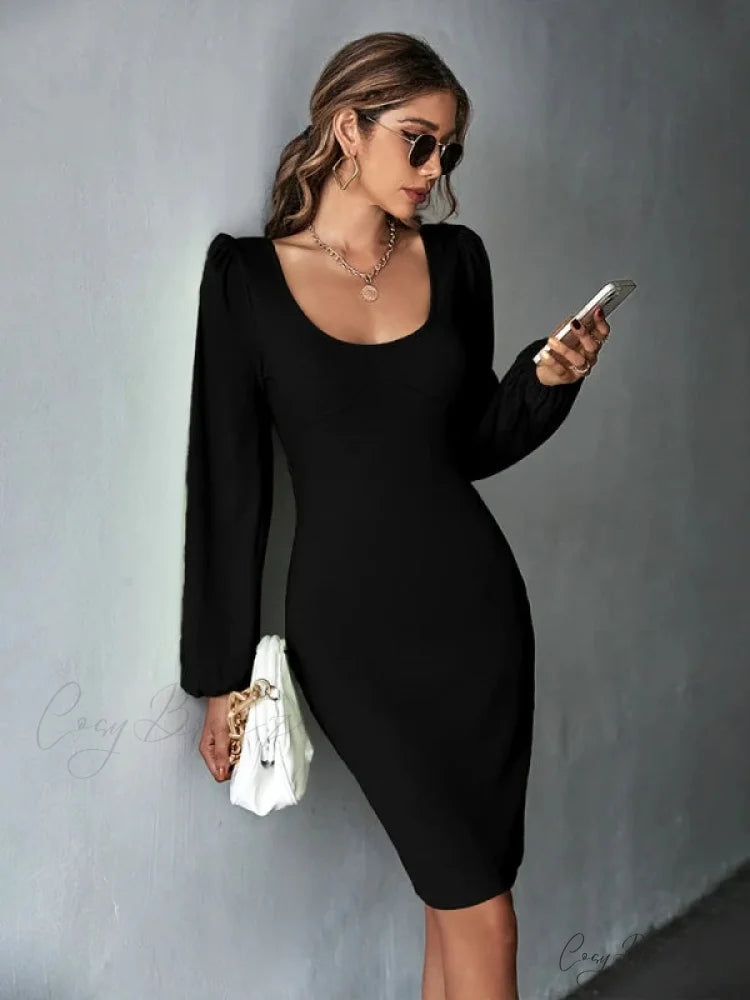 Knitted Backless Long-Sleeved Dress M / black