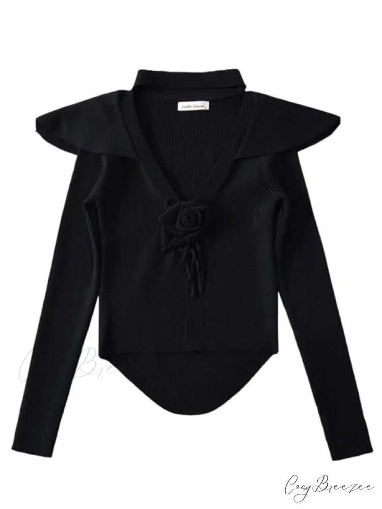 Knitted Cardigan Rose Large for Crop French Lapel Scarf Women Black / S