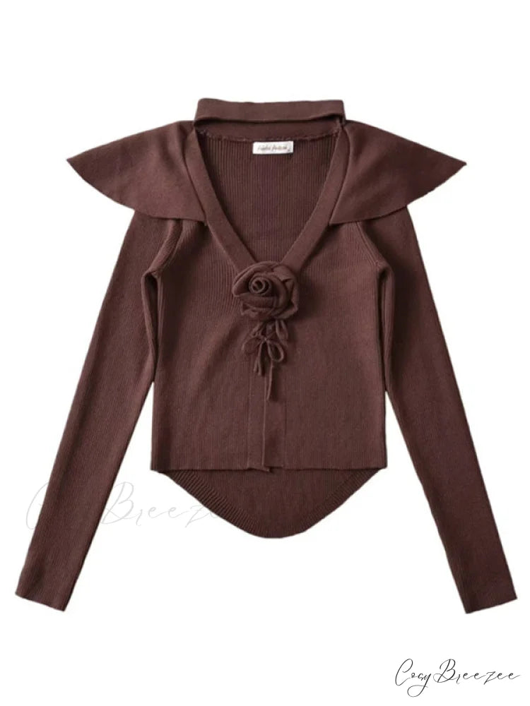 Knitted Cardigan Rose Large for Crop French Lapel Scarf Women Brown / S