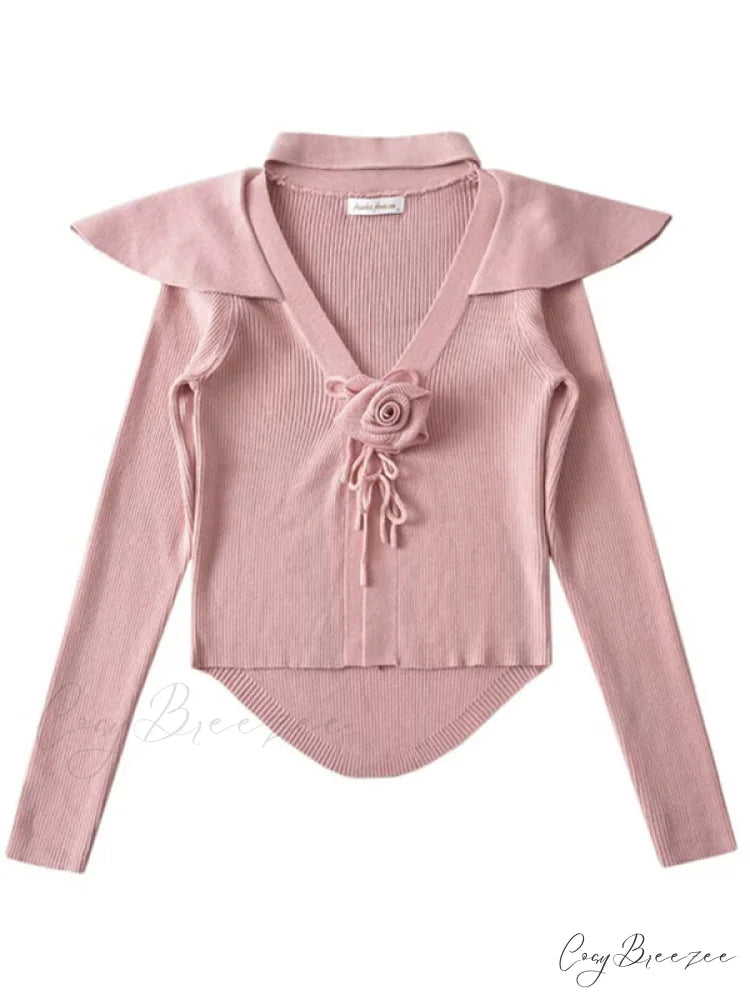 Knitted Cardigan Rose Large for Crop French Lapel Scarf Women Pink / S