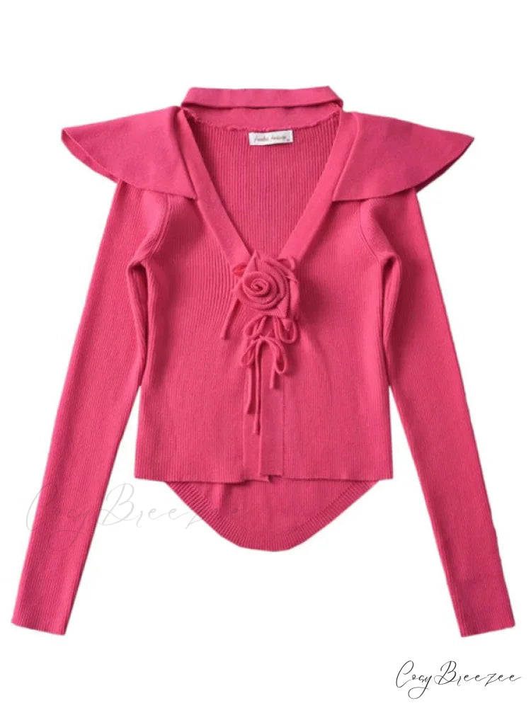 Knitted Cardigan Rose Large for Crop French Lapel Scarf Women Rose / S