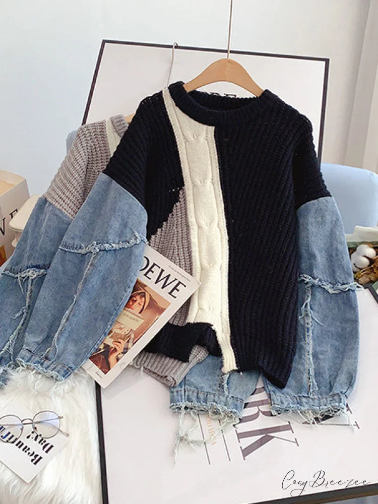 Knitted Color Block Turtleneck Modern Long Sleeve Sweater - Pink