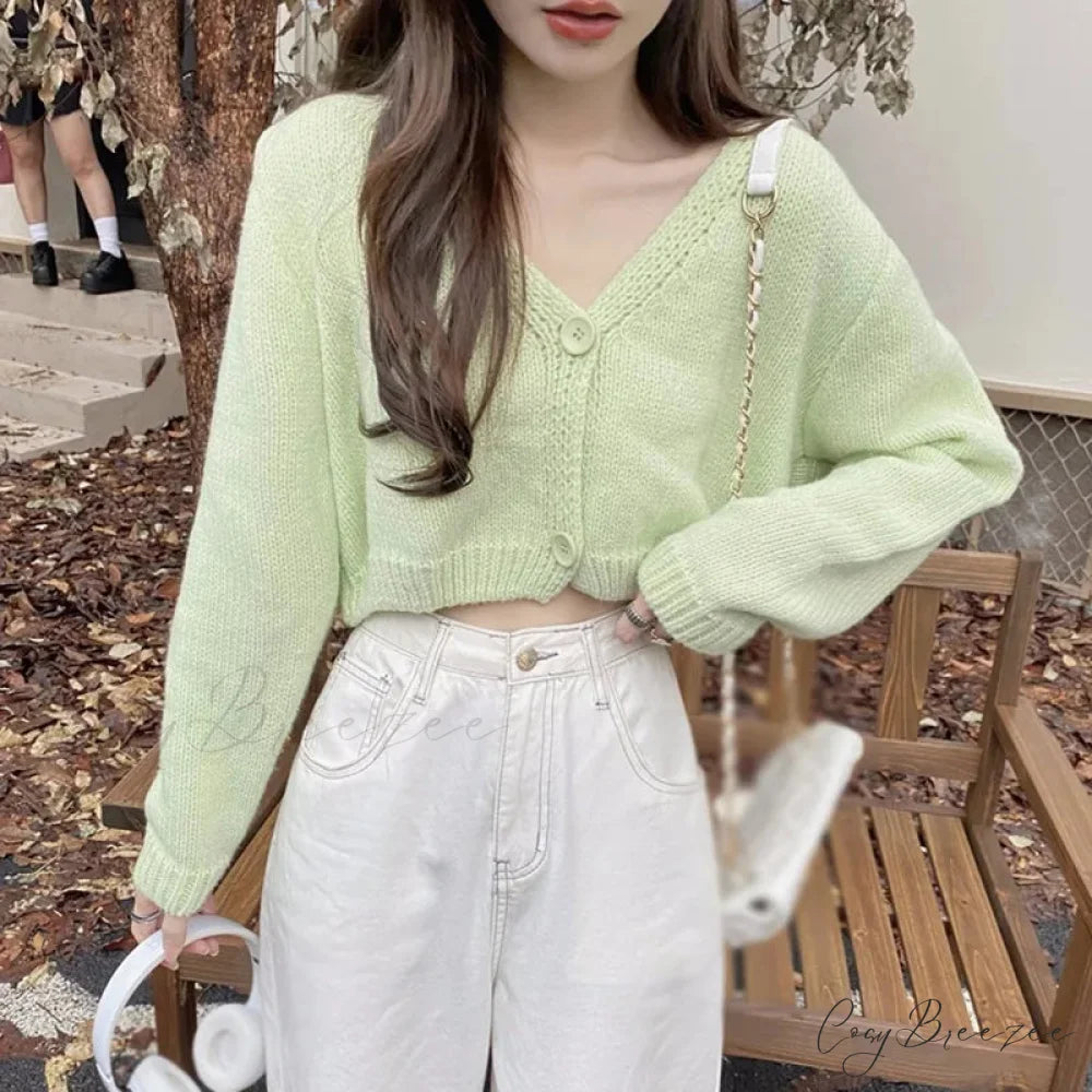 Knitted Cropped Korean V-Neck Y2K Cardigan LIGHT GREEN / One Size cardiagn-250126