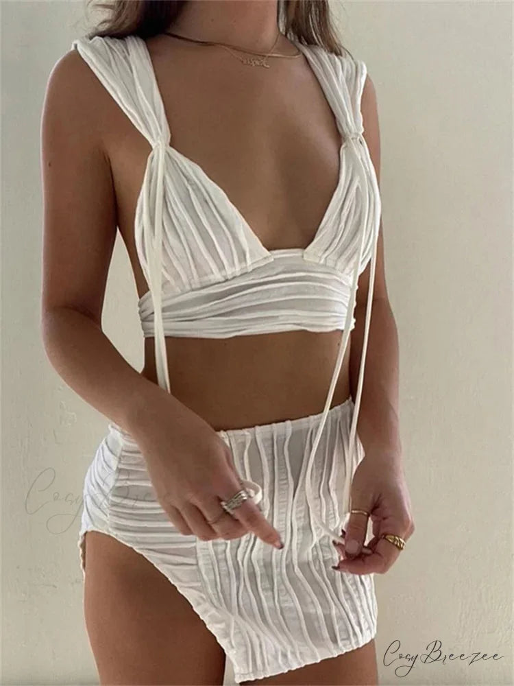 Knitted Deep V-neck Tank + Split Mini Skirt WHITE / S twopiecesset-250126