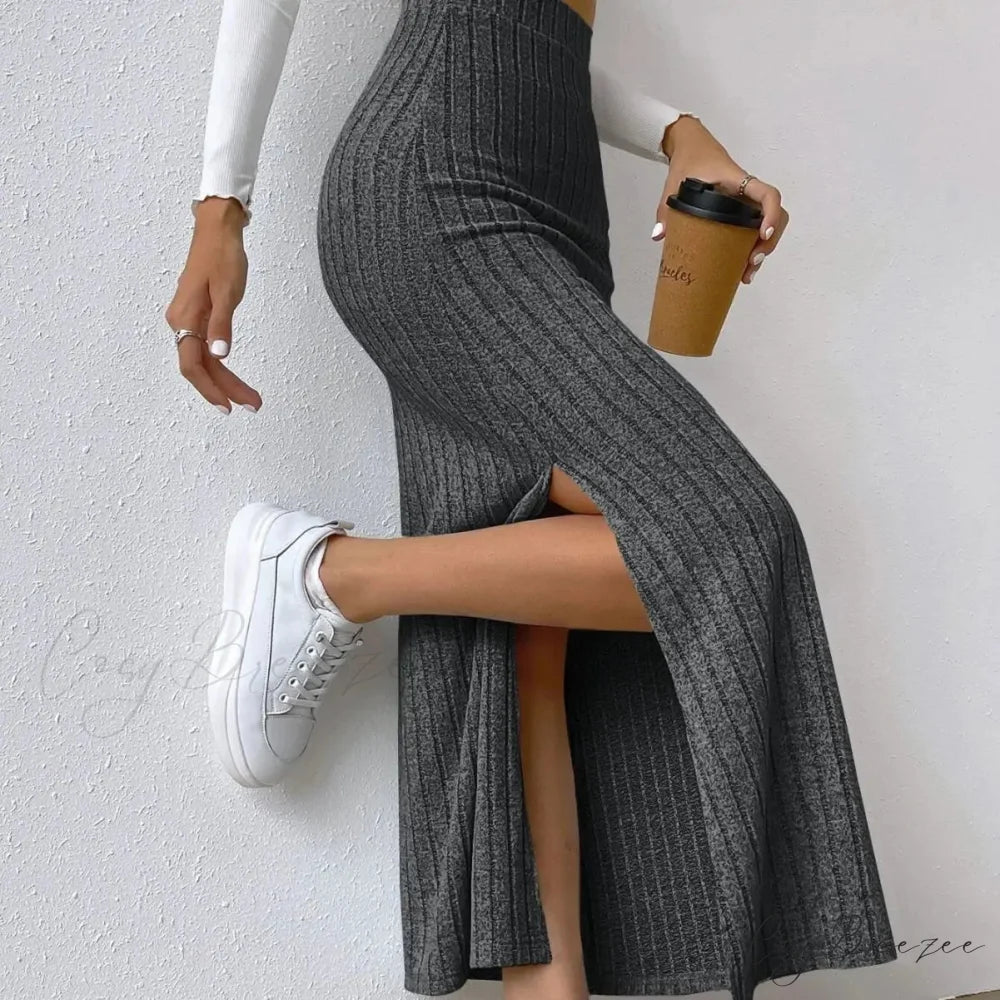 Knitted Elegant Stylish High Waist Slim Solid Color Trendy Hip Slits Skirt