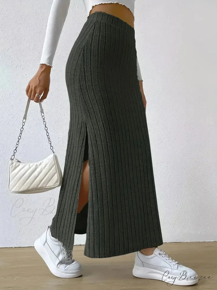 Knitted Elegant Stylish High Waist Slim Solid Color Trendy Hip Slits Skirt Black / XS