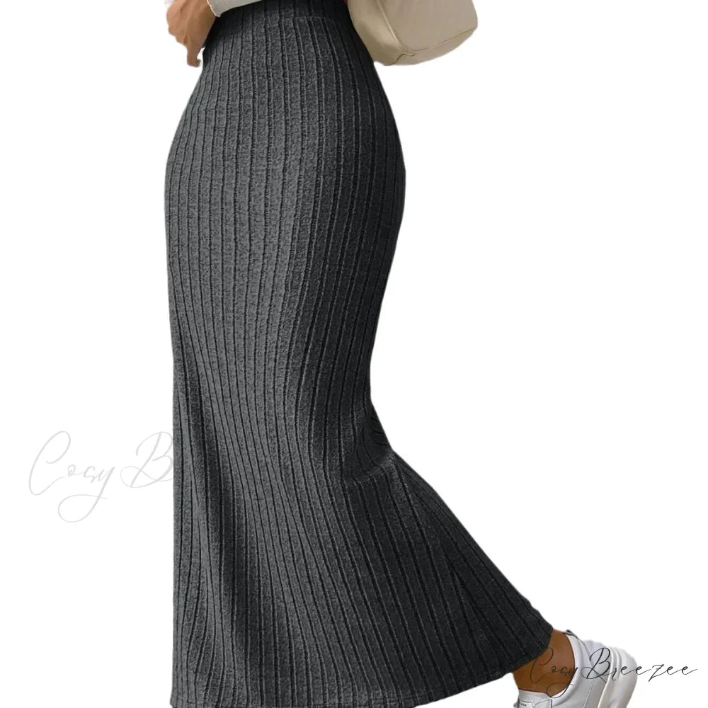 Knitted Elegant Stylish High Waist Slim Solid Color Trendy Hip Slits Skirt Dark Grey / XS