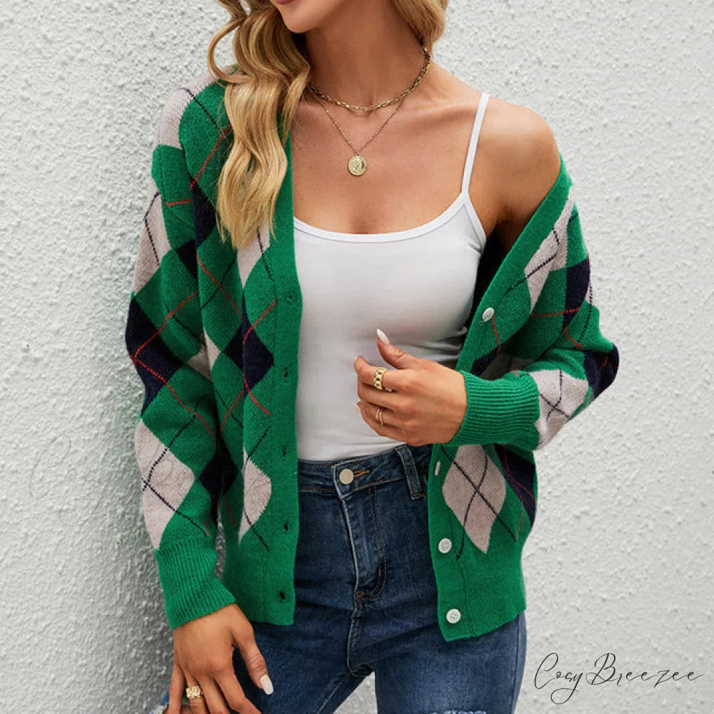 Knitted Geometric Cardigan Green / S