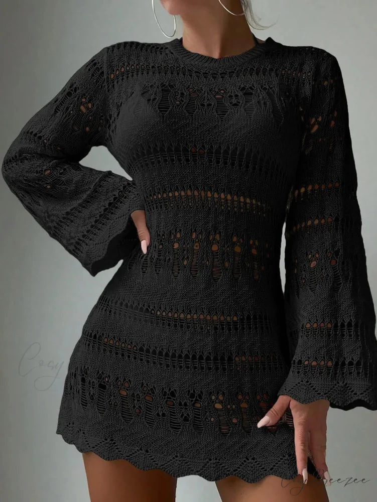 Knitted Hollow Out Sexy Backless Beach Mini Dress Cover-up Black / S bohodress-250126