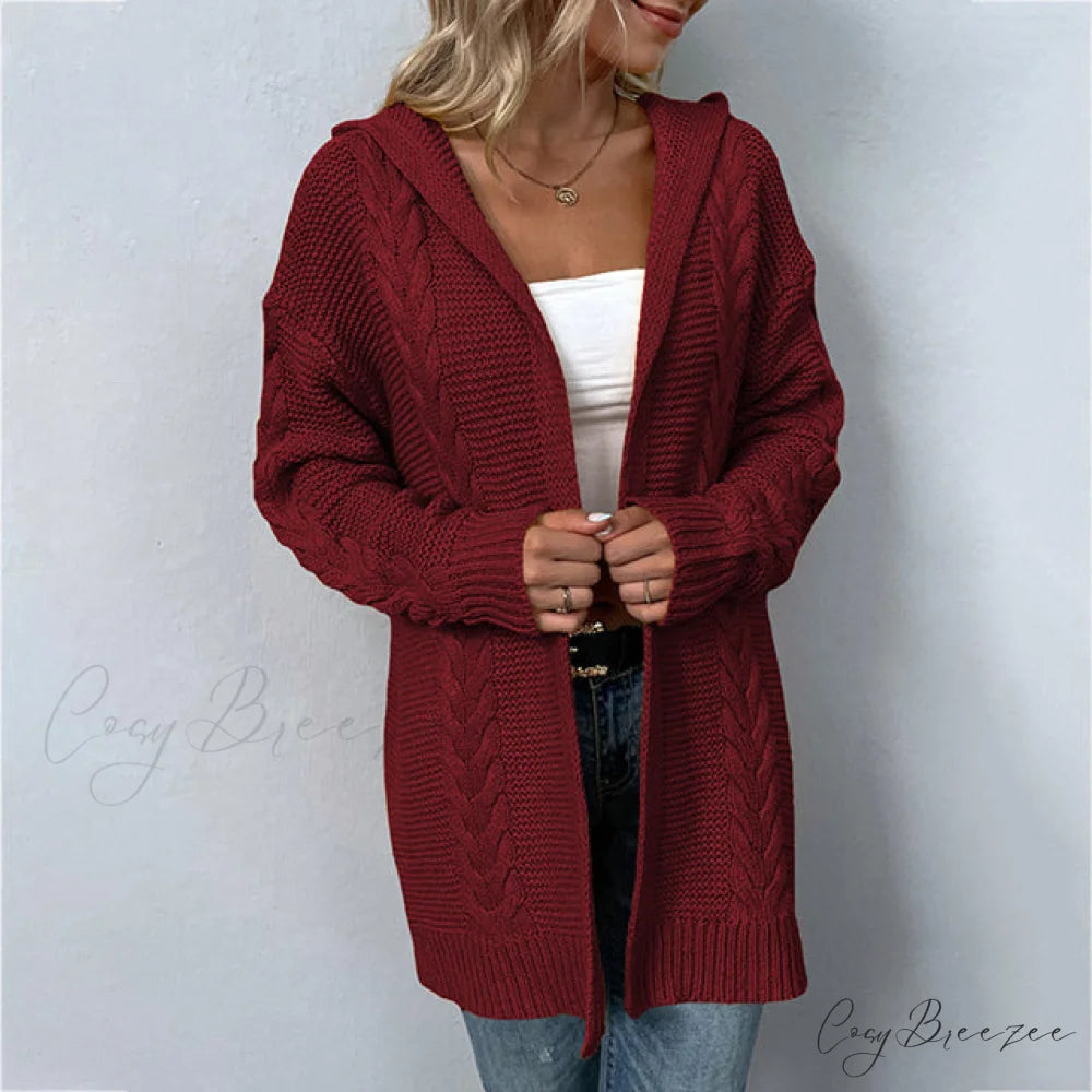 Knitted Hooded Cardigan Red / S