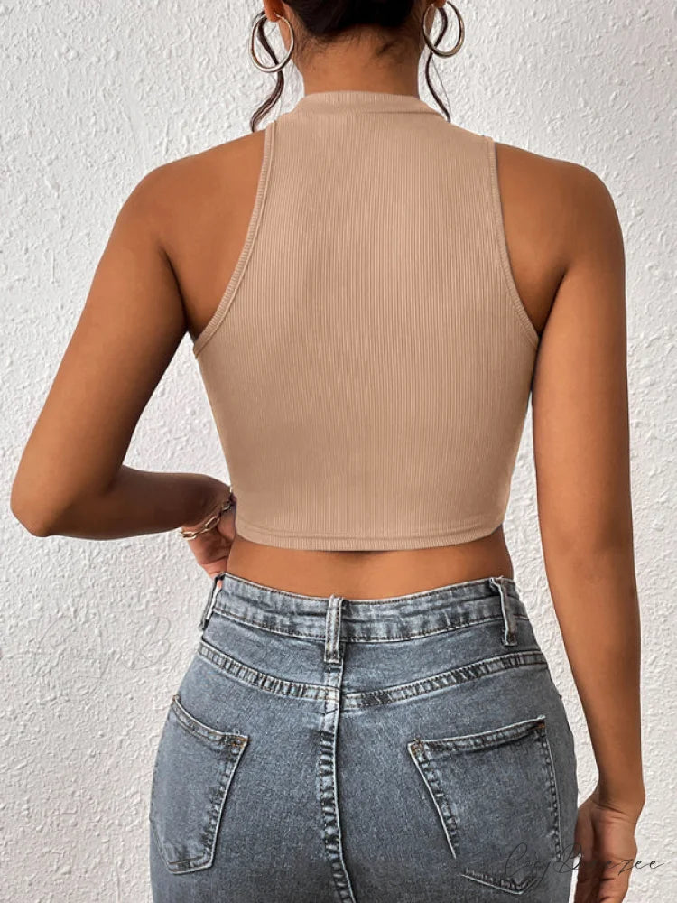 Knitted Neck Cropped Tank Top Asymmetrical Round for Women