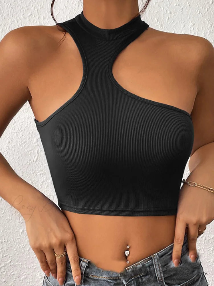 Knitted Neck Cropped Tank Top Asymmetrical Round for Women Black / S