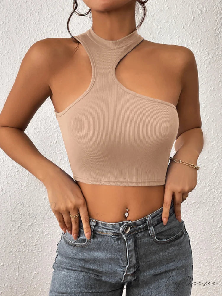 Knitted Neck Cropped Tank Top Asymmetrical Round for Women Khaki / S
