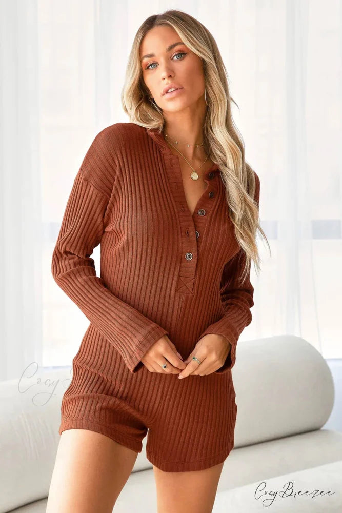 Knitted Rompers with Lapel Button-Front Light Brown / S