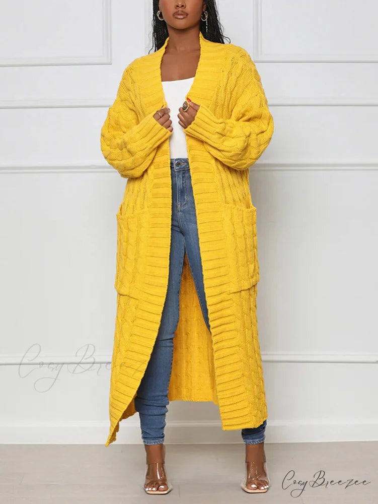 Knitted Solid Graceful Open Front Cardigan Yellow / S