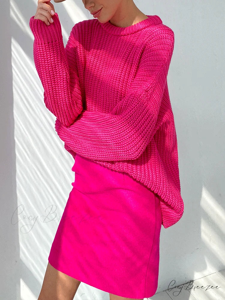 Knitted Solid Graceful Pocket Sweater Cardigan Rose / S