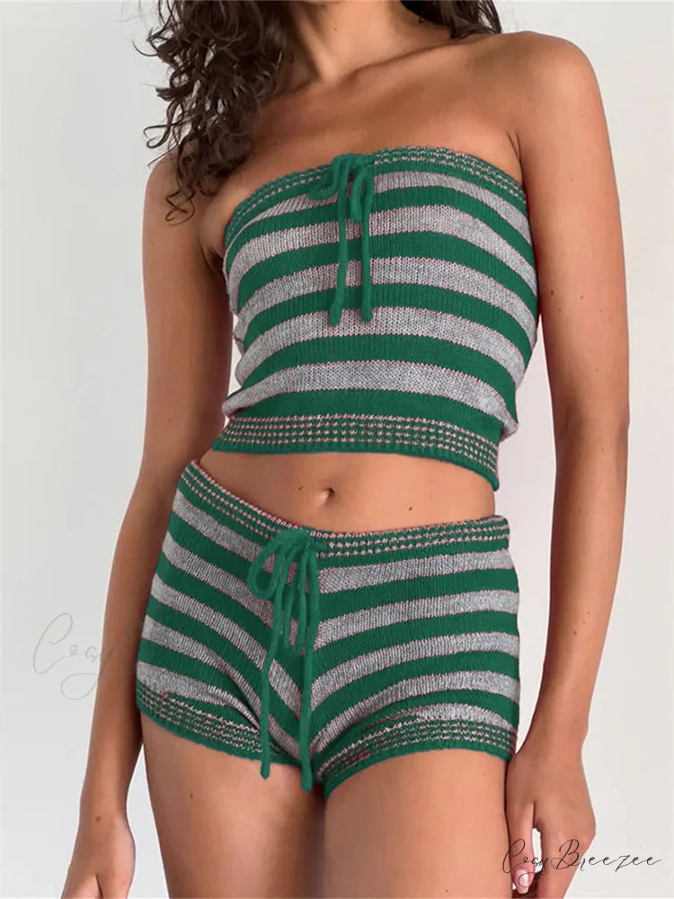 Knitted Striped Off Shoulder Tube Top with Drawstring Shorts Set GREEN / S twopiecesset-250126