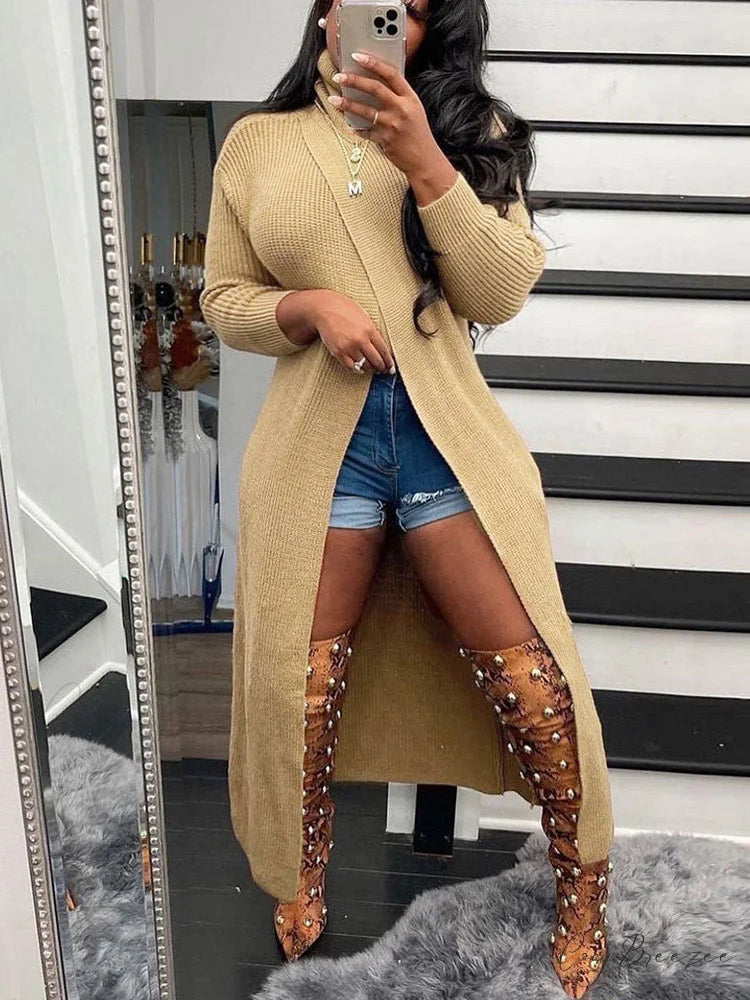 Knitted Tassels Graceful Ripped Long Cardigan Apricot / M