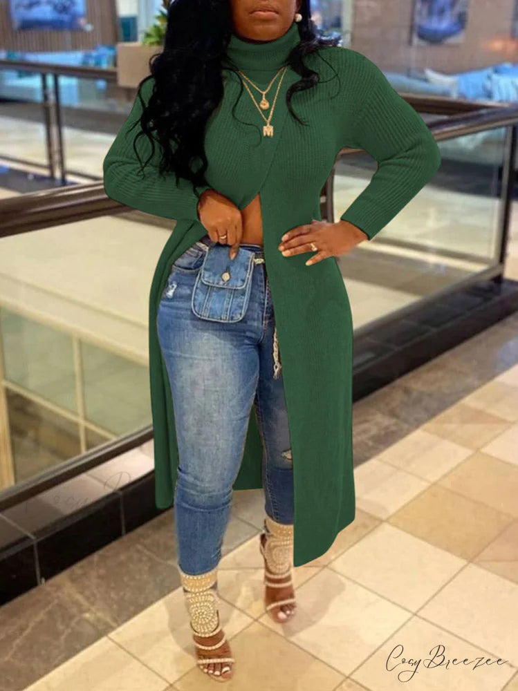 Knitted Tassels Graceful Ripped Long Cardigan Green / M