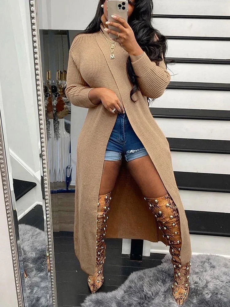 Knitted Tassels Graceful Ripped Long Cardigan Khaki / M
