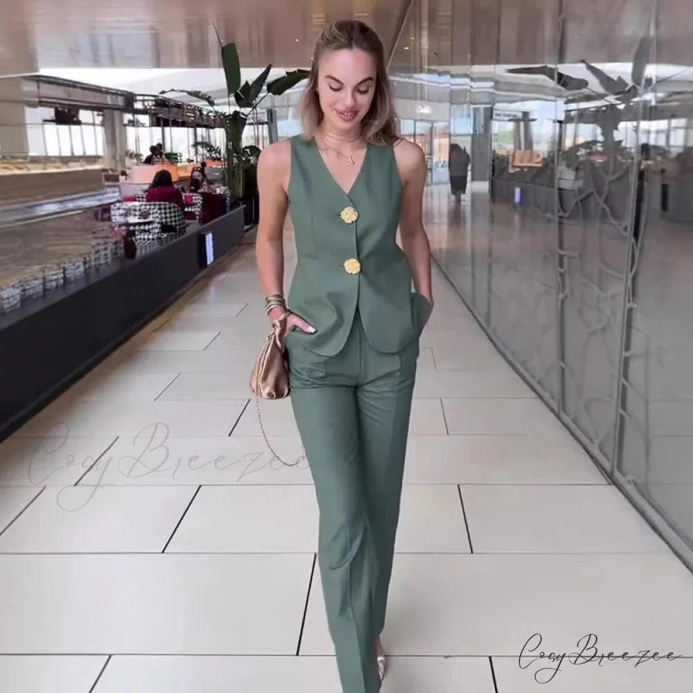 Knitted V-Neck Full-Length Skirt Formal Two Piece Set Green / XS officetwopieceset-250223