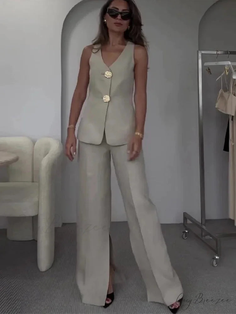 Knitted V-Neck Full-Length Skirt Formal Two Piece Set light grey / XS officetwopieceset-250223