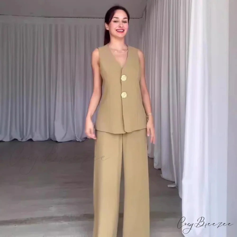 Knitted V-Neck Full-Length Skirt Formal Two Piece Set Matcha color / XS officetwopieceset-250223