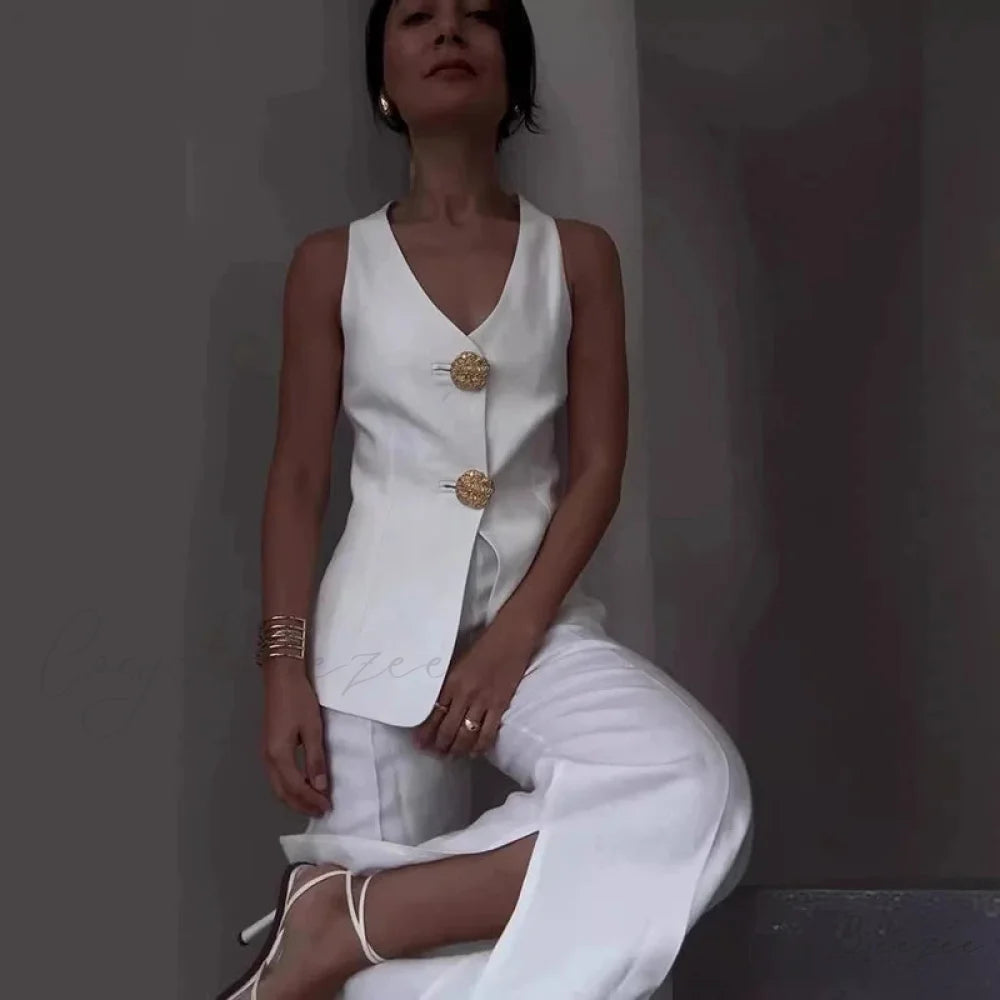 Knitted V-Neck Full-Length Skirt Formal Two Piece Set White / XS officetwopieceset-250223
