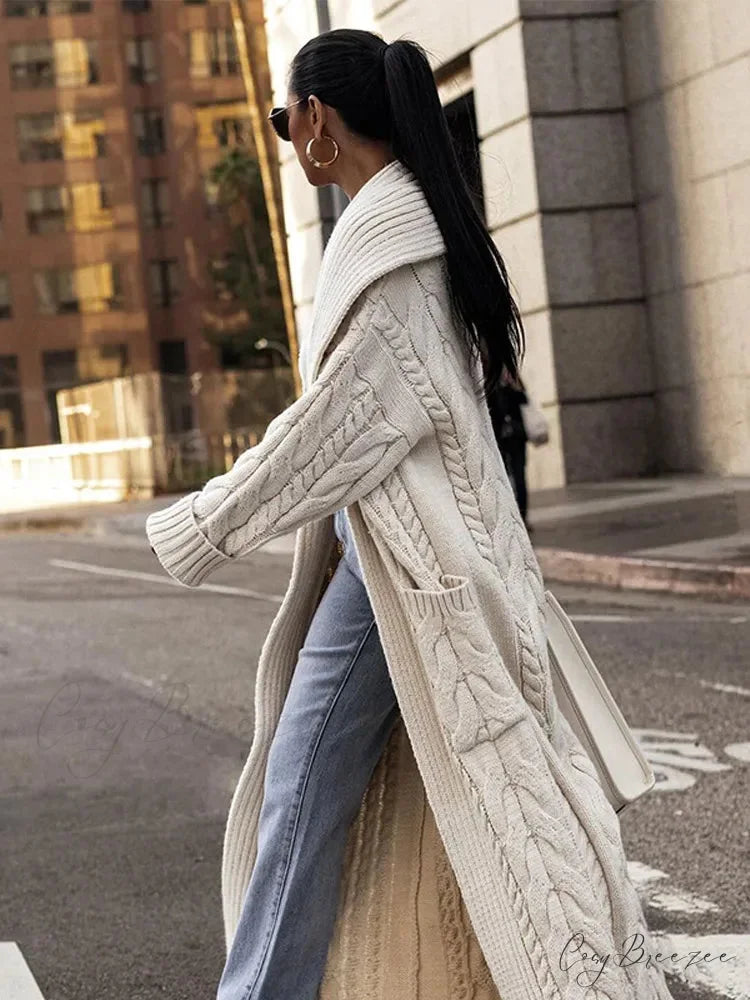 Knitted White Lapel Woolen Double Pocket Coat Black / S overcoats-241228