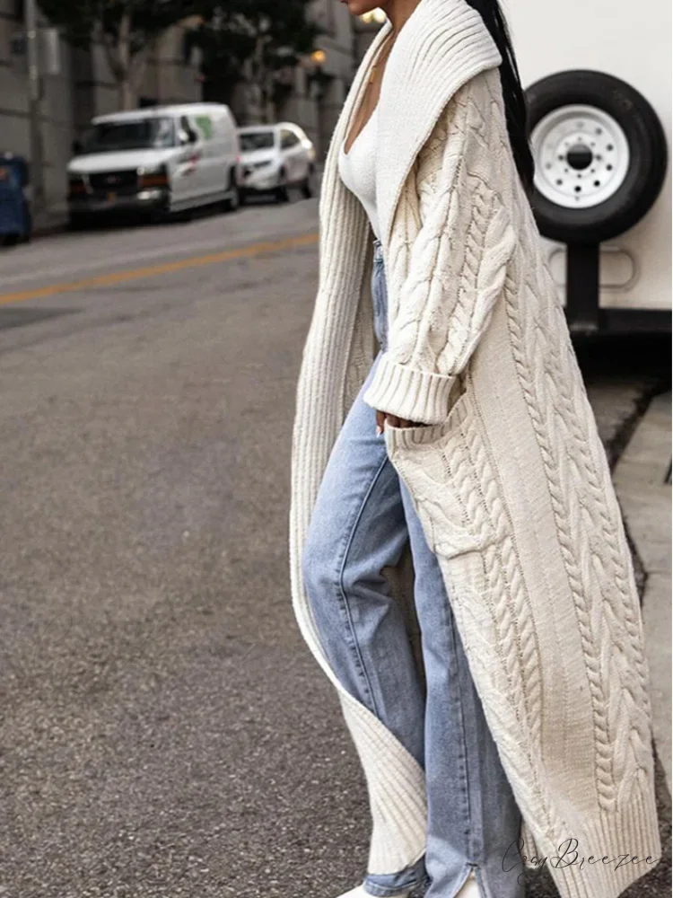Knitted White Lapel Woolen Double Pocket Coat overcoats-241228