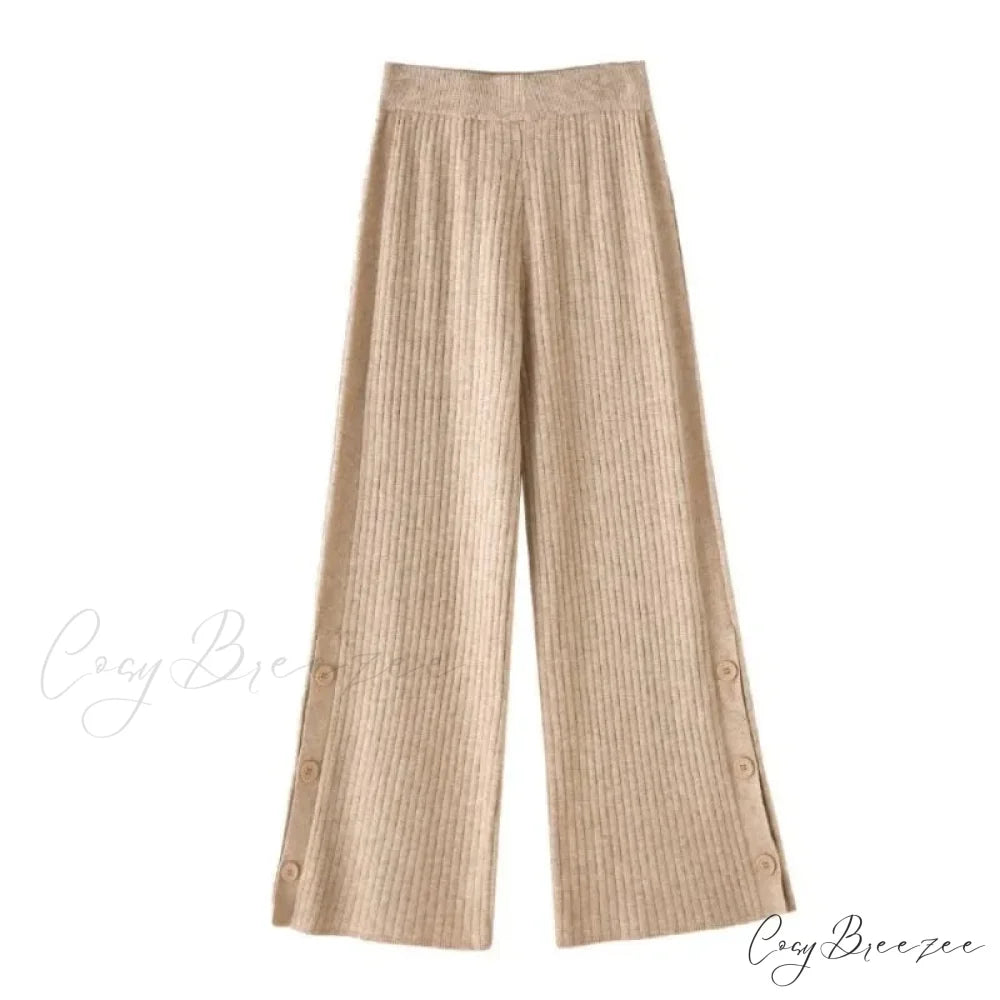 Knitted Winter High Waist Warm Straight Solid Light Blue Wide Leg Pants
