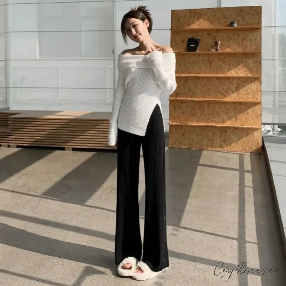 Knitted Winter High Waist Warm Straight Solid Light Blue Wide Leg Pants