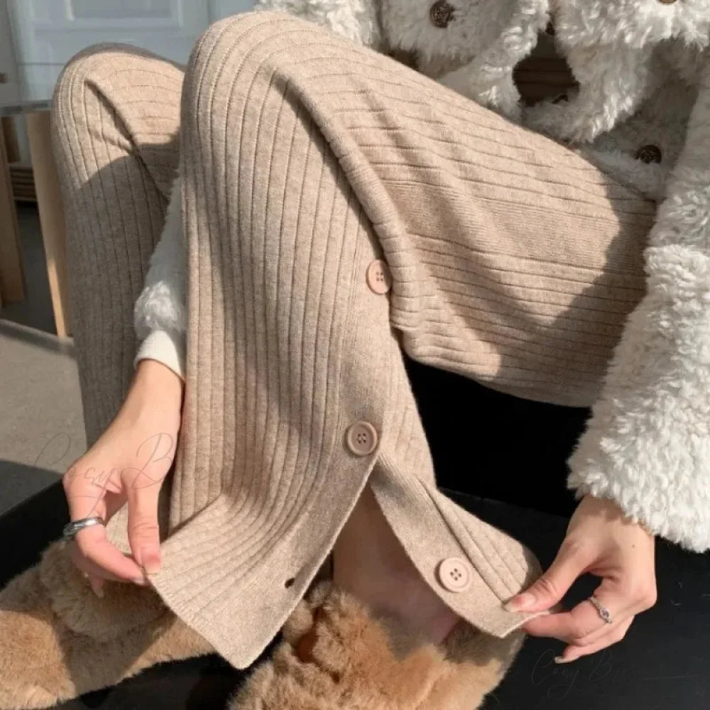 Knitted Winter High Waist Warm Straight Solid Light Blue Wide Leg Pants Khaki / One Size