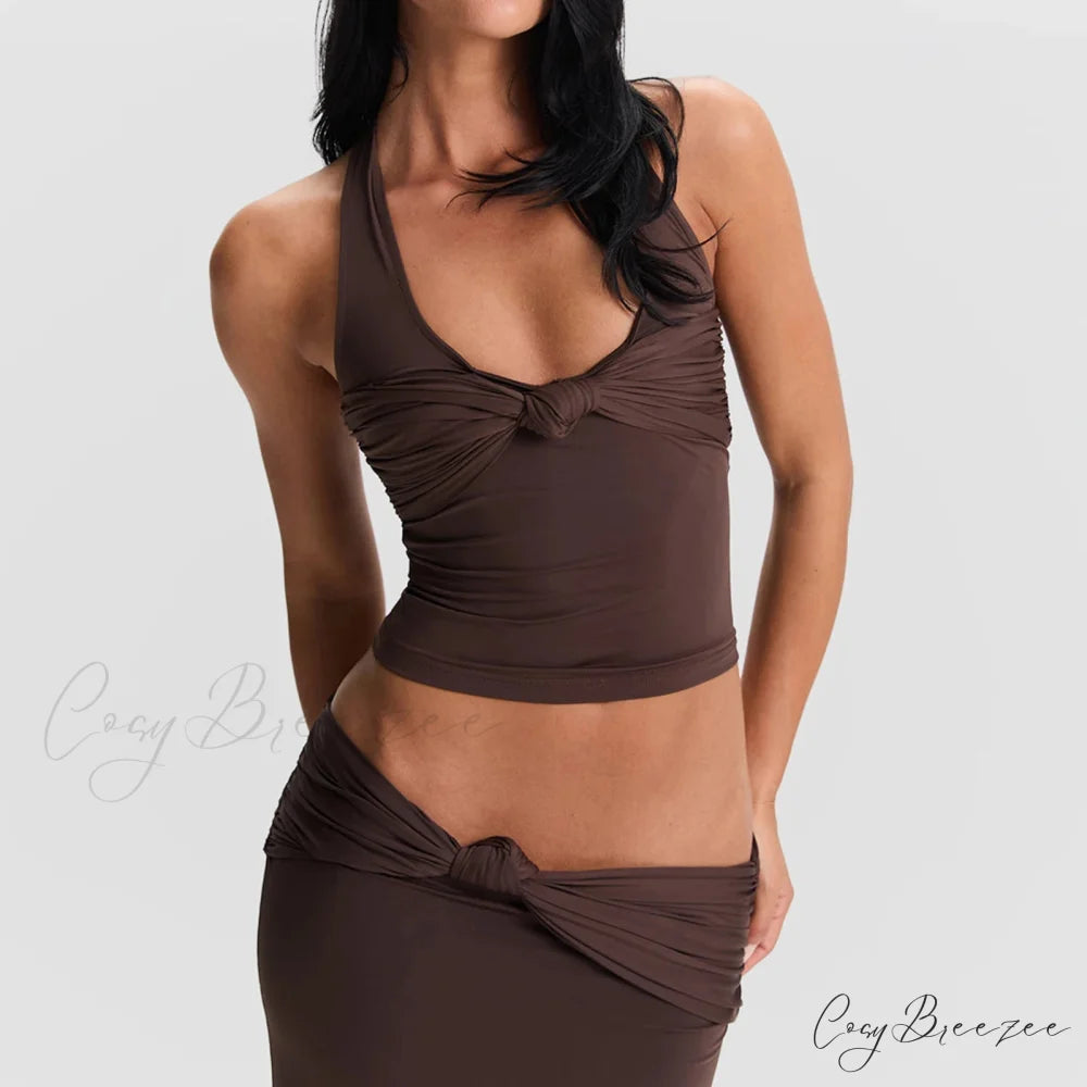 Knot Front Halter Crop Top Brown / S croptop-250223